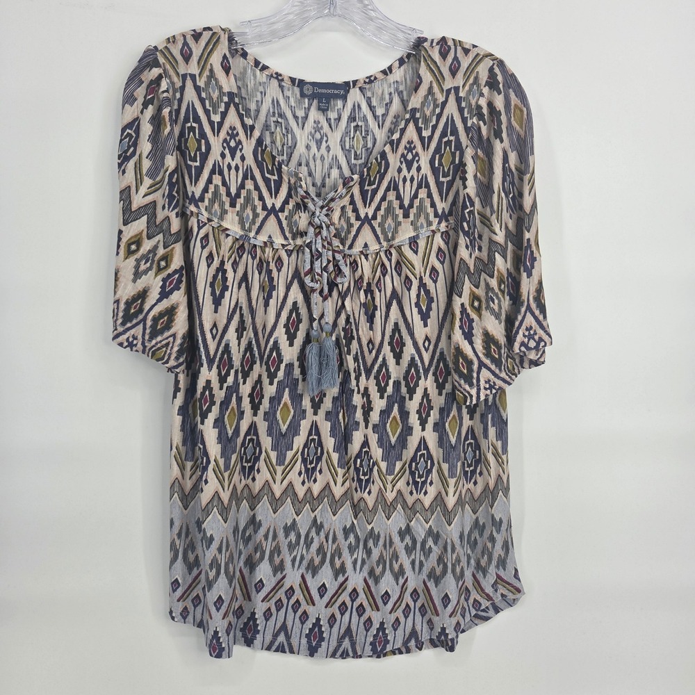 Democracy Geometric Ikat Lace Up Tassel Top L Blue Boho Eclectic Flutter Sleeve
